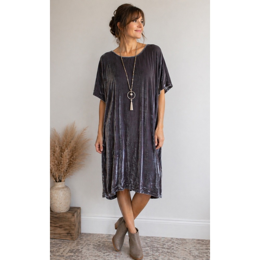 Madewell Crushed Velvet Dress Dark Metal‎ Keyhole w/ Black Ties In Back Size Sm
